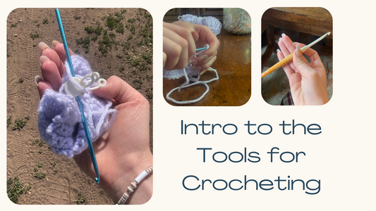 collage of a hand crocheting, with the words 'Intro to the Tools for Crocheting'