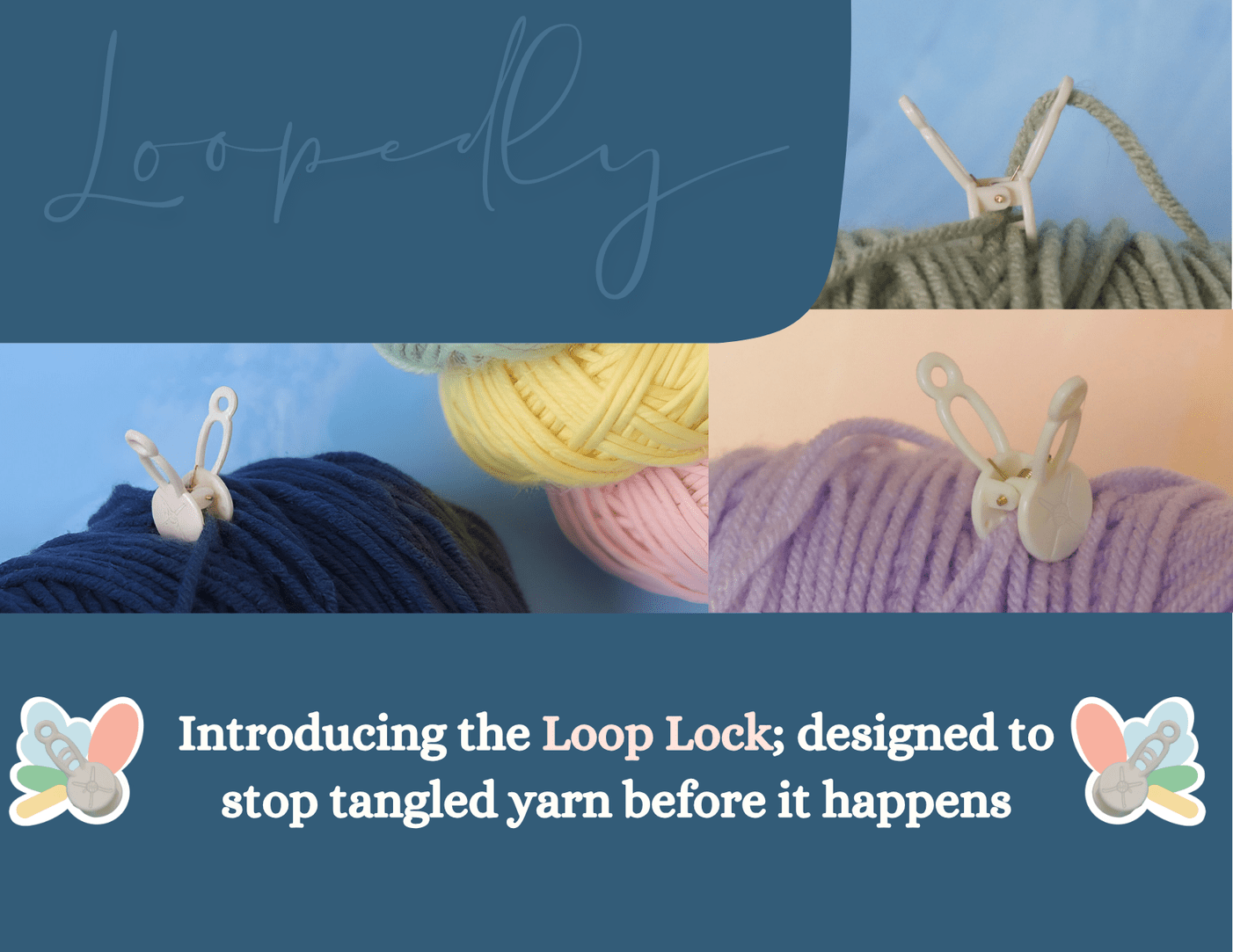 Loop Lock product with yarn and yarn organizing clips on a blue background, featuring the brand 'Loopedly'.